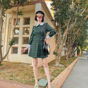 Paul & Joe made in France  green plaid mini dress with collar sz 36 new
